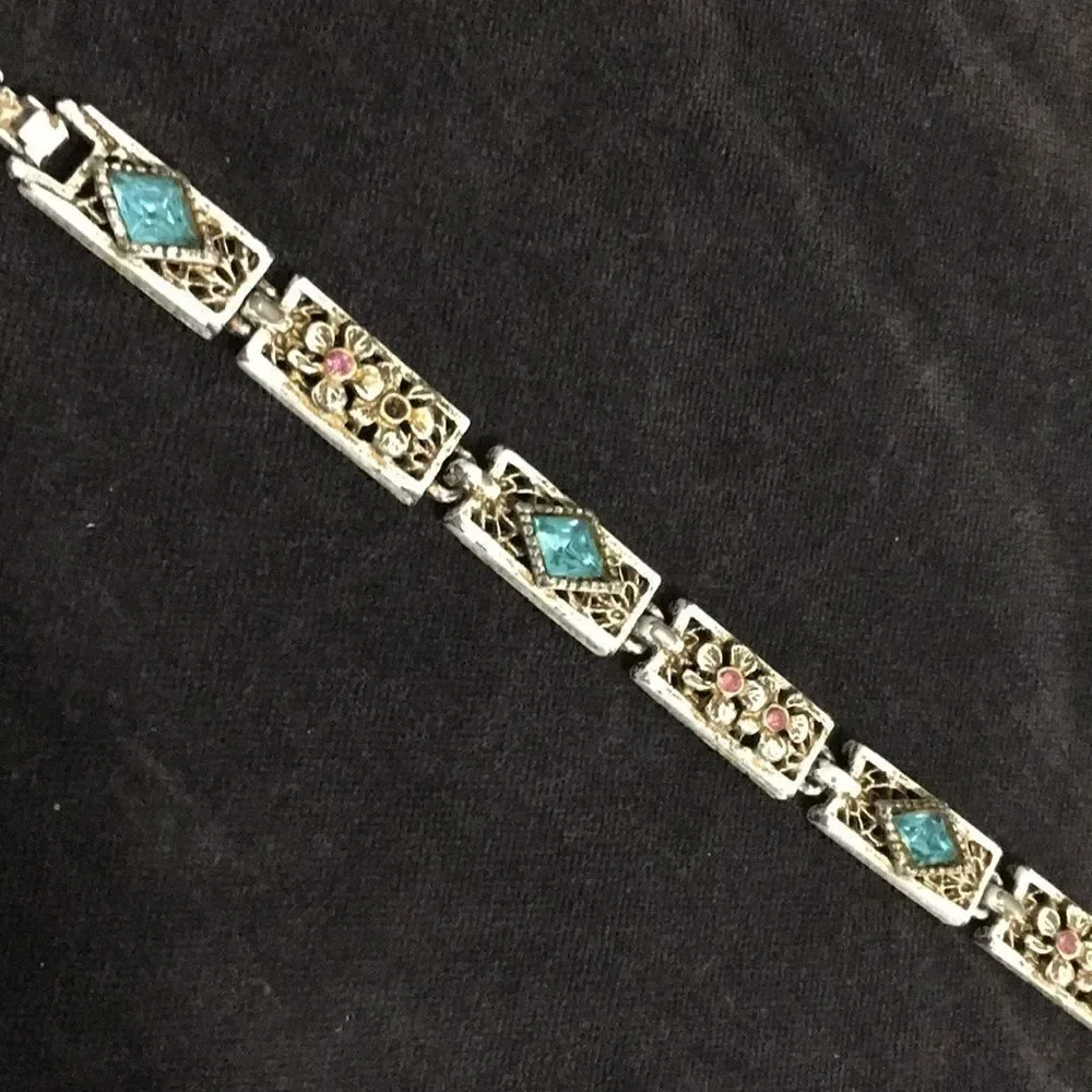 Vintage Bracelet, Raised Flowers, White Wash Distressed Style with Rhinestones